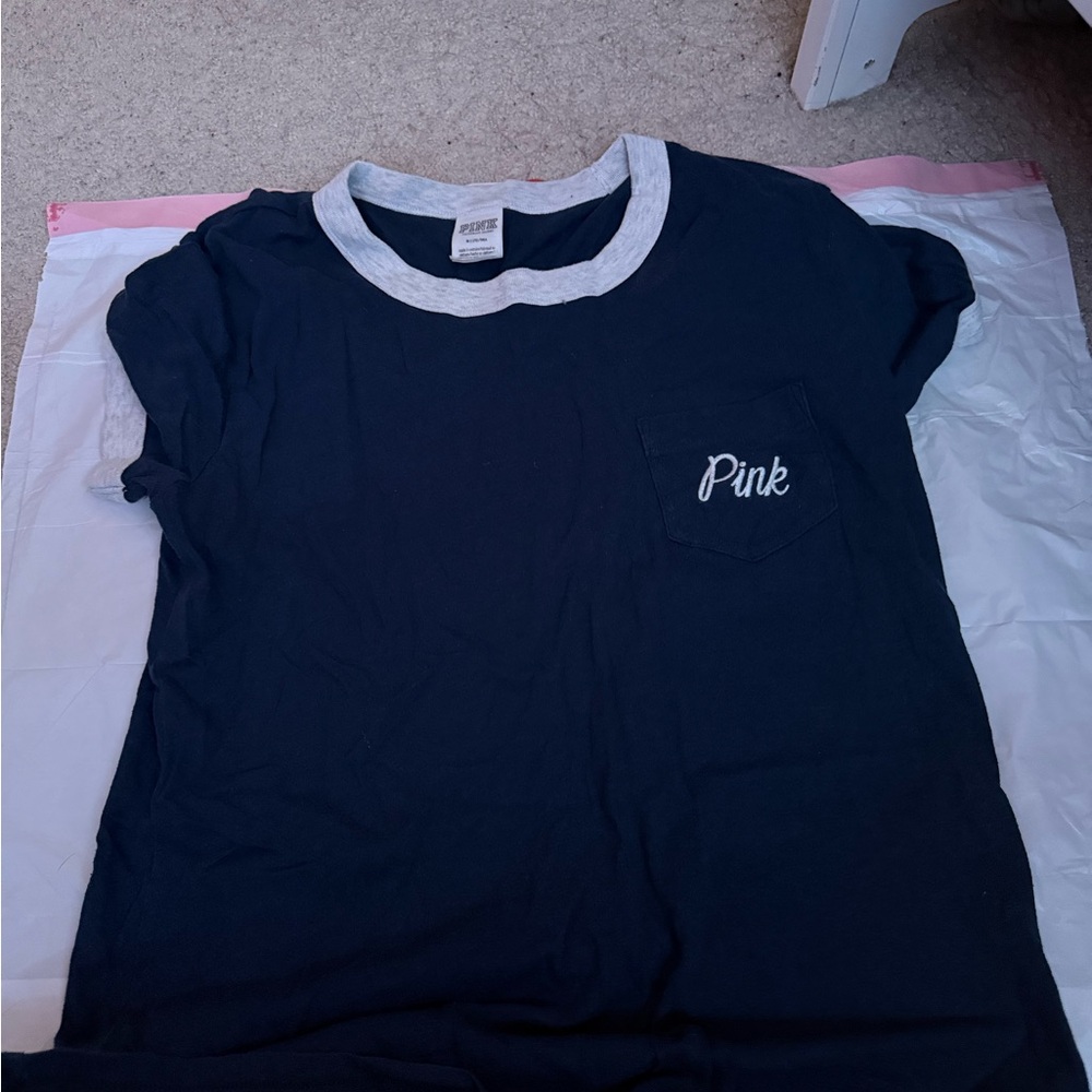 PINK Victoria's Secret Navy Blue Tee with Gray Trim
